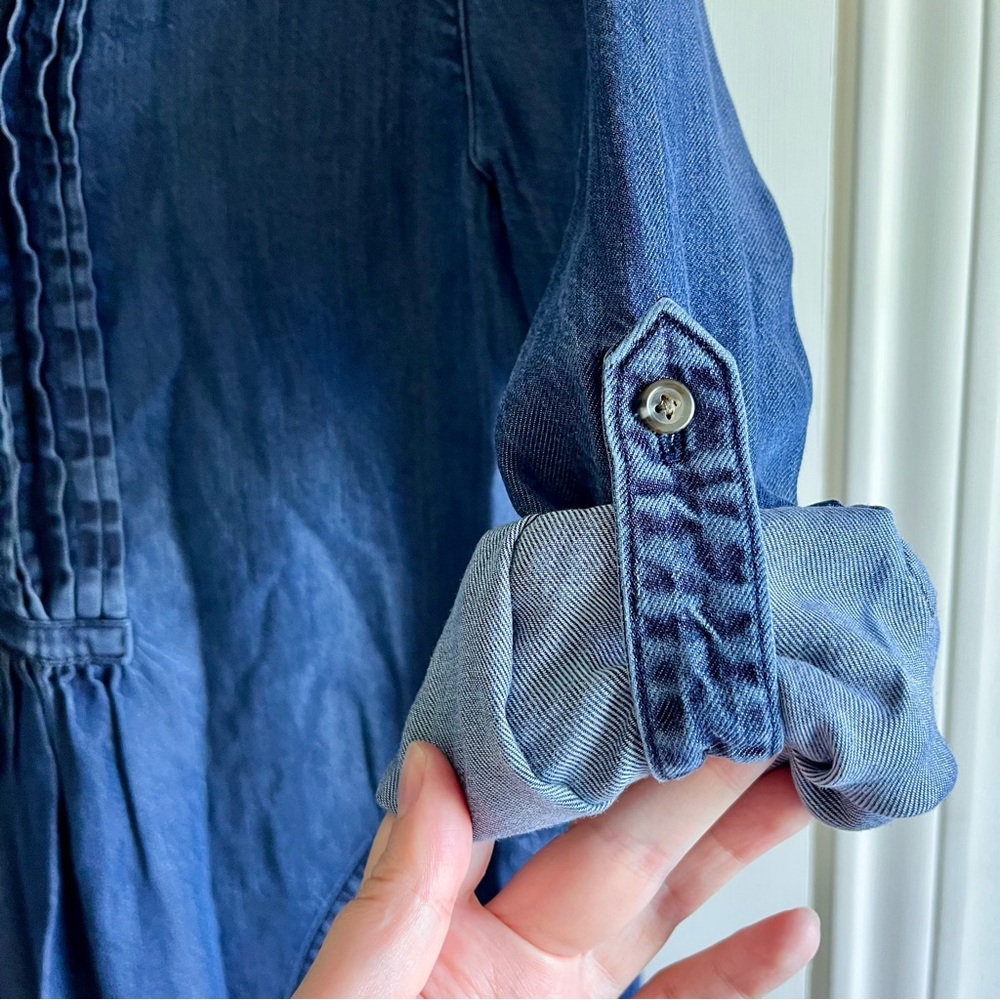 Lands End Shirt Dress Womens 12 Blue Chambray Pintuck Roll Tab Sleeve Pockets - Picture 6 of 12